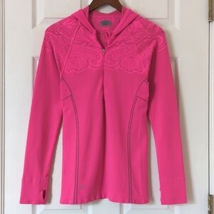 Athleta Paisley Jacquard Knit Form Fitting Quarter Zip Hooded Top Hot Pink M